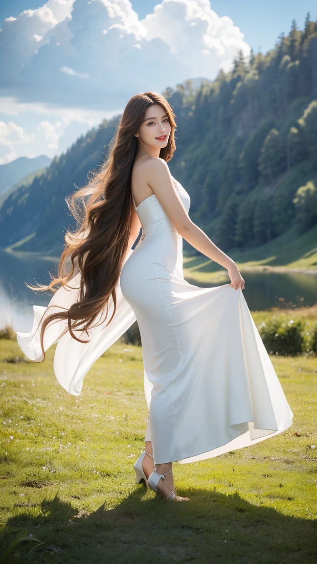 A high-resolution image of a beautiful woman with long brown hair on a date, holding hands amidst a breathtaking scenic background. The woman is elegantly dressed and has a happy smile on her face. She is gently swaying as she walks, adding a sense of motion to the scene. The background features stunning natural scenery, illuminated by the soft light of the sunset.