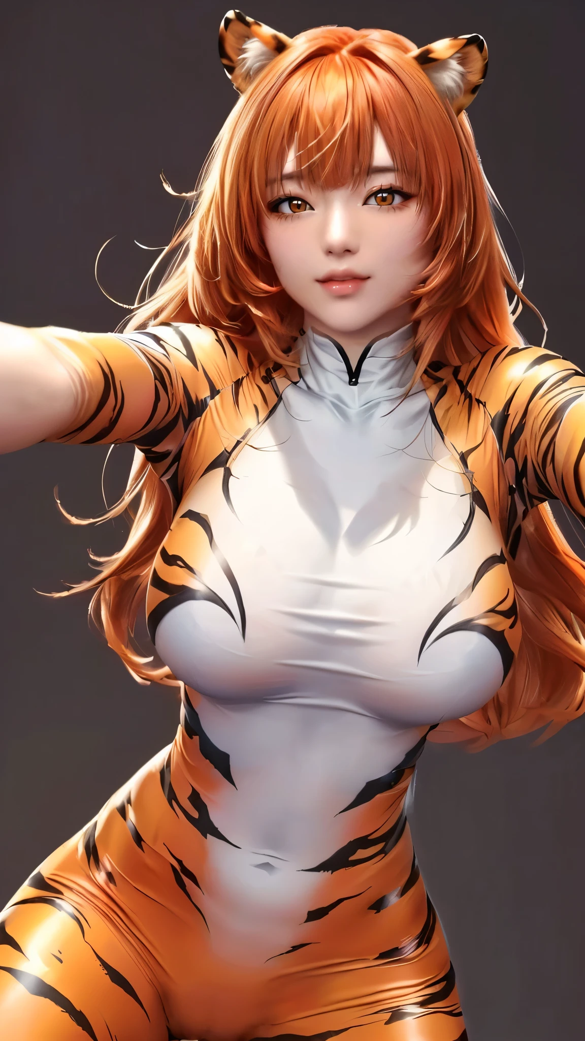 (((Perfect body,(((hwjsy, tigerstripebodysuit ))),(((Orange hair, orange long hair, orange straight hair, golden eyes, red lips, pink powder blusher, tiger ear headdress))),((masterpiece)),high resolution, ((Best quality at best)),masterpiece,quality,Best quality,((( Exquisite facial features,Looking at the audience,There is light in the eyes,Smile))),ass pov,from below))),(((Light and shadow,Huge breasts,))),(((Looking at the camera,White background,))))