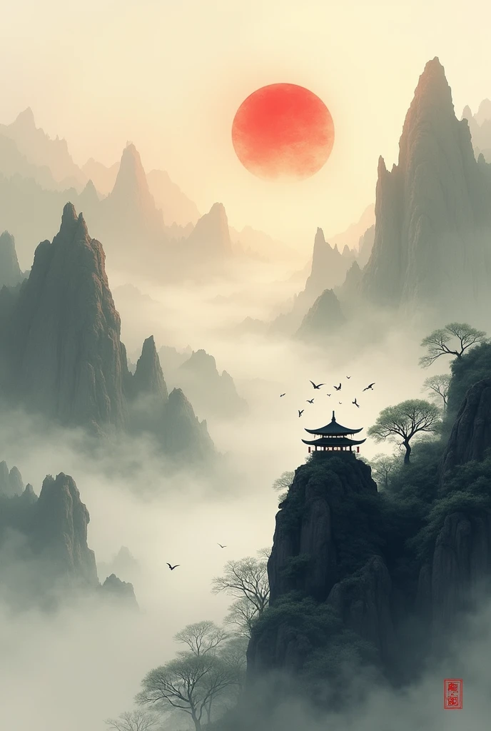 A misty Chinese landscape in ink wash painting style. Mountains in the background fade into fog. A red sun or moon hangs in the sky. Flying birds silhouetted against clouds. Swirling brushstrokes create a sense of movement and mystery. Subtle hints of a martial arts world, like a faint pagoda outline or a distant figure on a mountaintop. Blend of grayscale and warm golden tones. Atmospheric and evocative of ancient China and the jianghu (martial arts world).