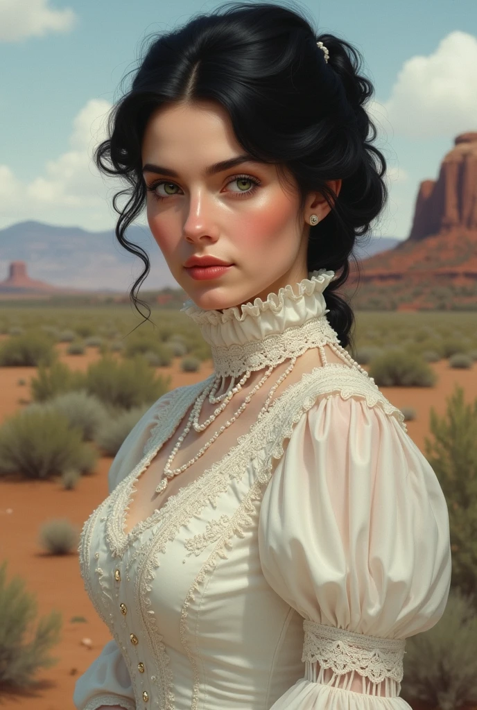 1875, southern lady, black hair, green eyes,  feminine dress, wild west, wears her hair tied up,   white victorian dress