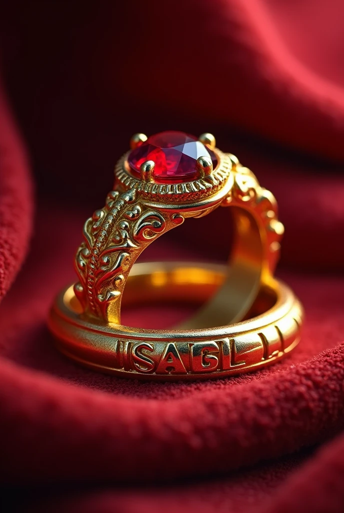 Thick gold wedding ring with ISABELLA written on the outside with a red stone