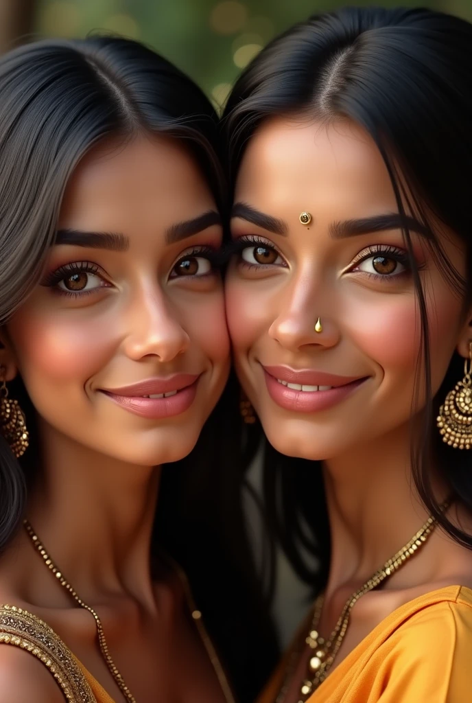 Create a realistic and stunning image of a 2  Indian woman. She has warm, glowing, medium-brown skin with a smooth texture. Her large, almond-shaped eyes are deep brown, with long, thick eyelashes framing them. Her eyebrows are slightly arched, full, and well-groomed, adding to her expressive gaze. Her nose is slender and slightly upturned, complementing the symmetry of her face. She has full, soft lips with a natural pink hue, slightly curved into a gentle, inviting smile. Her straight, jet-black hair cascades down to her shoulders, with a subtle shine, and a few strands gently frame her face. Her ears are delicately shaped, adorned with small, traditional gold earrings. The background should be softly blurred to keep the focus on her face, with natural lighting that highlights her features without any harsh shadows.