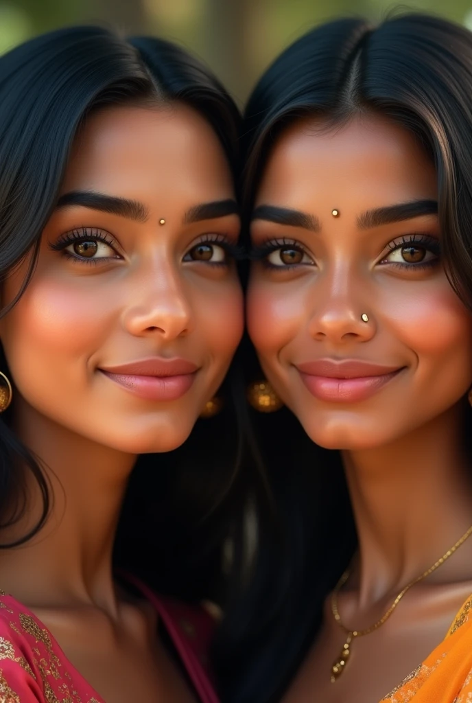 Create a realistic and stunning image of a 2  Indian woman. She has warm, glowing, medium-brown skin with a smooth texture. Her large, almond-shaped eyes are deep brown, with long, thick eyelashes framing them. Her eyebrows are slightly arched, full, and well-groomed, adding to her expressive gaze. Her nose is slender and slightly upturned, complementing the symmetry of her face. She has full, soft lips with a natural pink hue, slightly curved into a gentle, inviting smile. Her straight, jet-black hair cascades down to her shoulders, with a subtle shine, and a few strands gently frame her face. Her ears are delicately shaped, adorned with small, traditional gold earrings. The background should be softly blurred to keep the focus on her face, with natural lighting that highlights her features without any harsh shadows.