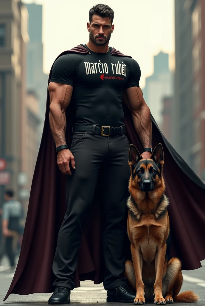 Man with inscription on his black t-shirt, and logo saying "Marcio Rubén", and with a cape, dressed as a superhero, next to a German shepherd dog