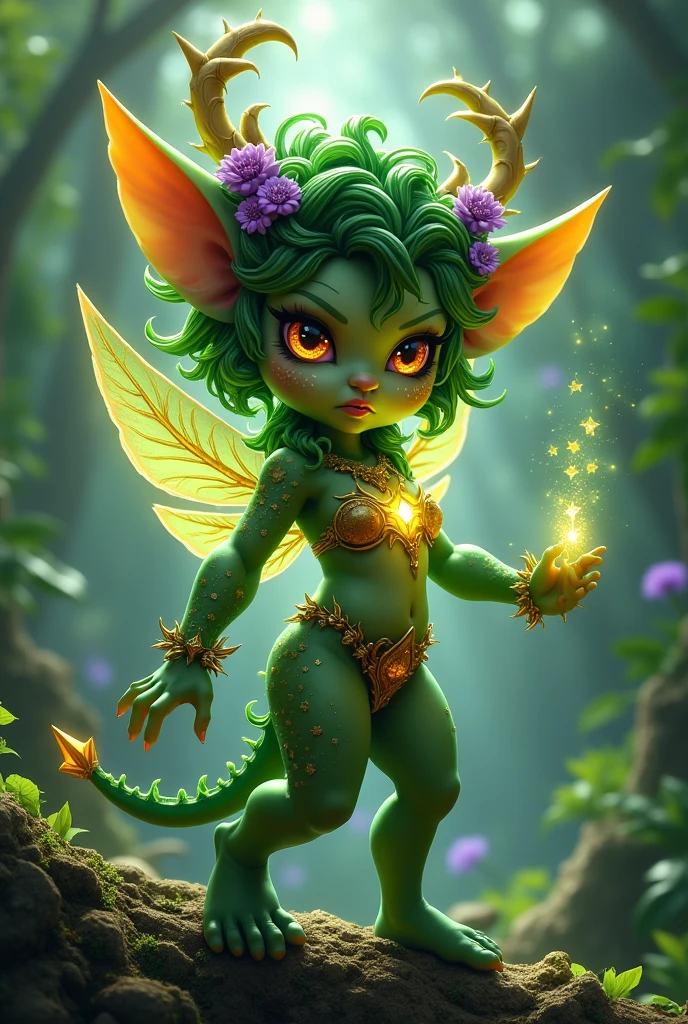 Prismatic coloration. Jungle like environment. A short young Gremlin like Plant woman with a Deep dark green skin tone & a set of B-cup breast bearing curvaceous hips, heavy Starlike freckles running all about her body ,Slender Legs, & a round but small ass. She has short leaf green curly hair stopping at the top of her neck with various flowers growing within. She is wearing a revealing Bikini like armor exposing much of her chest area with Golden celestial designs & an otherworldly Purple flower wreath on her head. She has a serious face & a stern gaze in her sharp Starlike Golden Glowing eyes with black sclera & a heavy freckled form. She has long transparent Crystal like Blue antlers radiating Floral energy & a set of elegant Elven ears. She has long golden vine like tattoos glowing with Celestial red energy running all around her body accompanied by violet Star-like Marks running along them. She has a small cute nose. She has large Crystal Golden Fairy-like wings with a starlike pattern & a long demon-like arrow-tipped tail .She is seen in a battle stance summoning verdant green Starlight magic from her fingertips