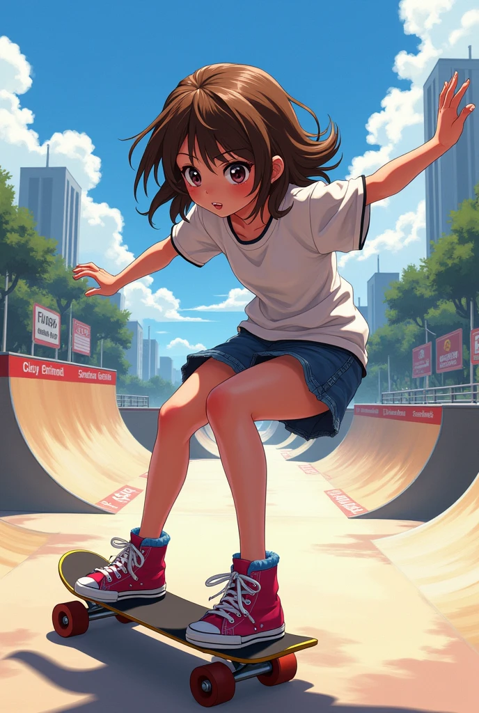 Yes A girl, anime style with brown hair, wavy shoulder length, Skateboarding in a Skate Park