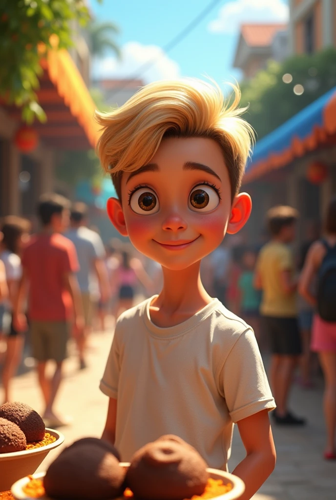 Raise a  boy child .Dark blonde hair combed to the side,social court,Pixar-style, need to be wearing a white t-shirt. selling brigadeiro 