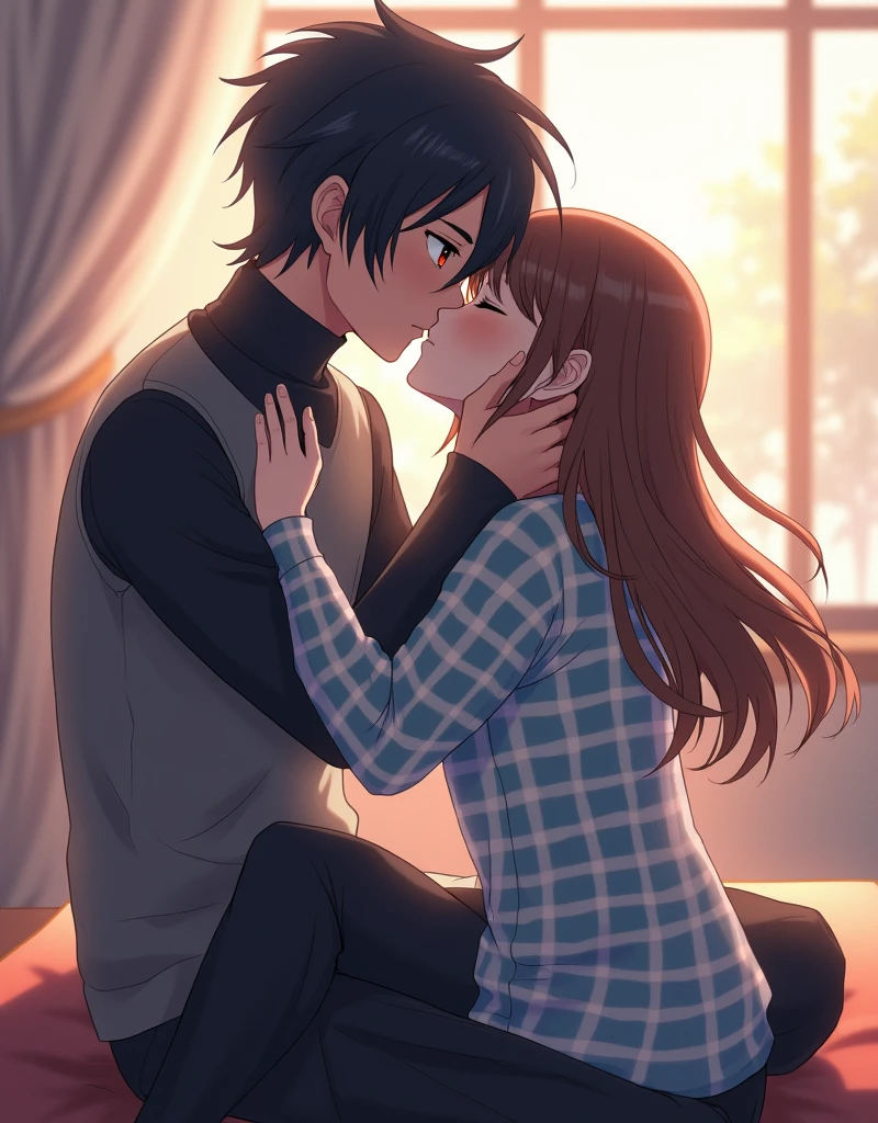 Create a Japanese anime style landscape image. The image depicts a romantic scene between two characters in an intimate embrace. The male character is sitting on a couch, wearing a gray and black long-sleeved shirt with a high collar. His hair is short, dark, and slightly tousled, complementing his sharp features. He is holding the female character close, with one hand on her back and the other gently placed on her upper arm.
The female character, dressed in a light blue and white checkered sweater, has long brown hair cascading down her back. She is sitting on the male character's lap, with her head tilted upward as they share a passionate kiss. Her hands rest on the male character's shoulders, pulling herself closer to him.
The background suggests an indoor setting with soft natural light streaming through large windows, creating a warm and intimate atmosphere. The colors are muted, with the focus on the couple, highlighting the emotional intensity of the moment. The scene conveys a sense of deep affection and tenderness between the two characters.