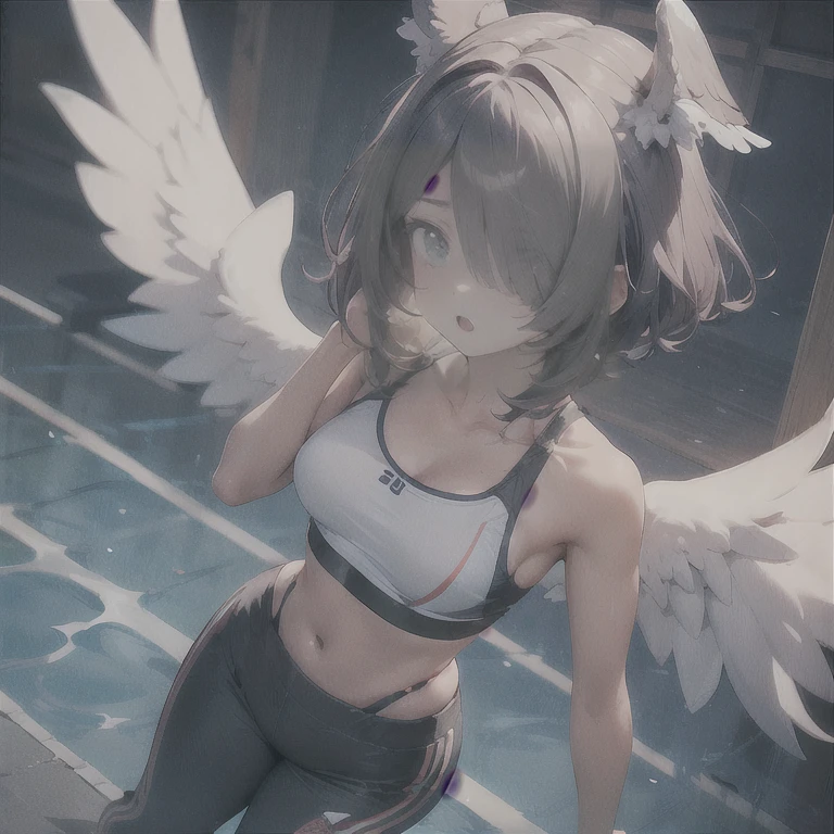 masterpiece, detailed, high quality, absurdres, elira, 1girl, solo, head wings, medium breasts, curvy, wide hips, 
BREAK hair over one eye, one eye covered, 
BREAK from above, pond, arch, japanese architecture, dawn, victory pose, 0.7::sports bra, pom-pom pants0.2::, face mask, :o,
BREAK standing, legs together,