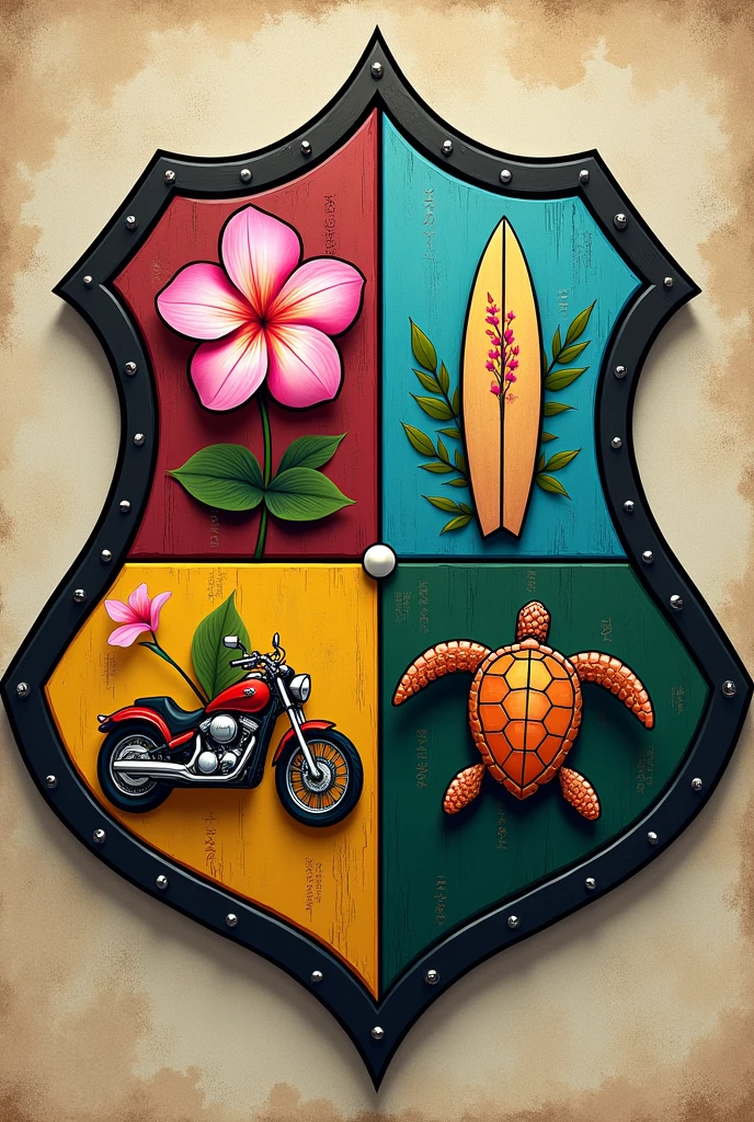 four-section shield, that has the shape of the Hogwarts shield inside them they go: a pink hawaiian flower, a surfboard, a motorcycle and a turtle drawn in Hawaiian style, and under the shield that bears the words: may you have grace in your step song in your hand and aloha in your heart