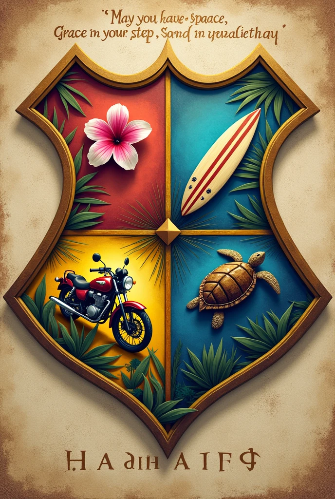 four-section shield, that has the shape of the Hogwarts shield inside them they go: a pink hawaiian flower, a surfboard, a motorcycle and a turtle drawn in Hawaiian style, and under the shield that bears the words: may you have grace in your step song in your hand and aloha in your heart