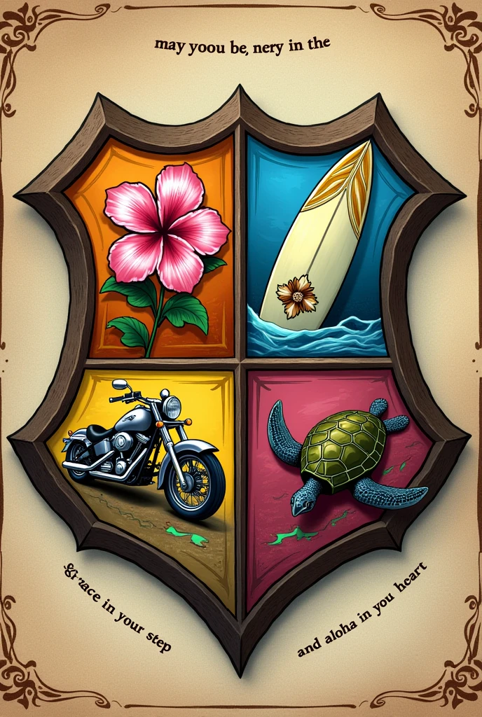 four-section shield, that has the shape of the Hogwarts shield inside them they go: a pink hawaiian flower, a surfboard, a motorcycle and a turtle drawn in Hawaiian style, and under the shield that bears the words: may you have grace in your step song in your hand and aloha in your heart