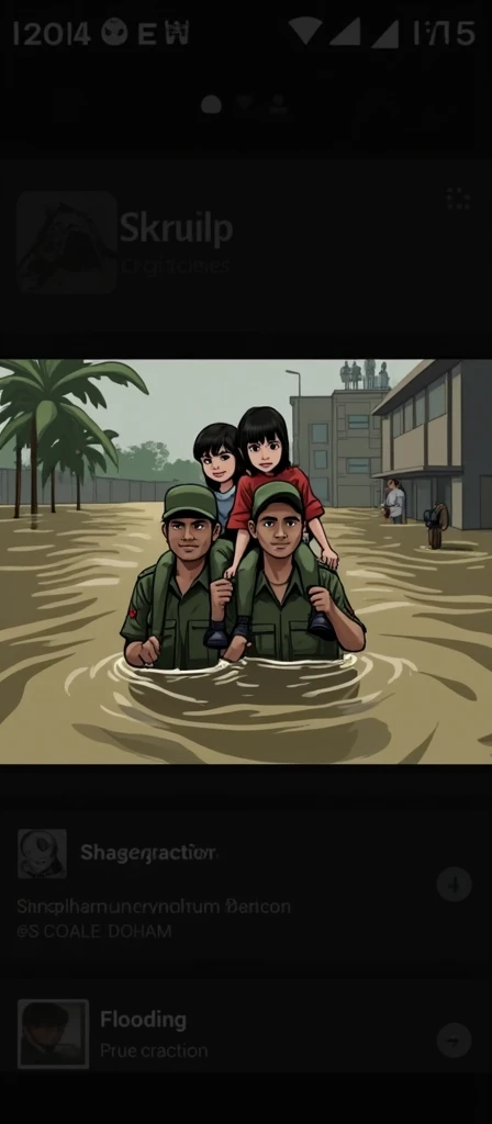 Civilian children on the shoulders of the Bangladesh Army in the flood rescue operation.