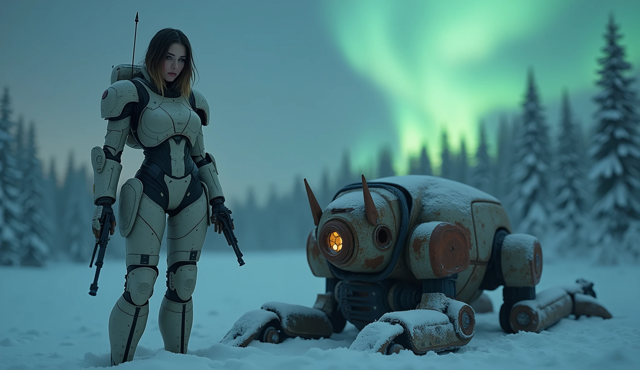 from above, cowboy shot, of one ultra hot gorgeous european woman, age 23, light brunette hair, voluptuous hourglass body. Gorgeous face. Blush. in a light winter ARMOR, holding weapons, as a futuristic cyberpunk warrior in a dystopian world. Epic cleavage. (100 DD size) Juxtapose the beauty with a harsh, survivalist snowy winter night environment with northern lights. Perfect anatomy, Perfect eyes, perfect hands, perfect body, perfect hair, perfect breast, accurate, UHD, retina, masterpiece, anatomically correct, textured skin, super detail, high details, high quality, award winning, best quality, highres, 16k, 8k. On the floor, lying, a 1930 clunky and rusty evil war robot
