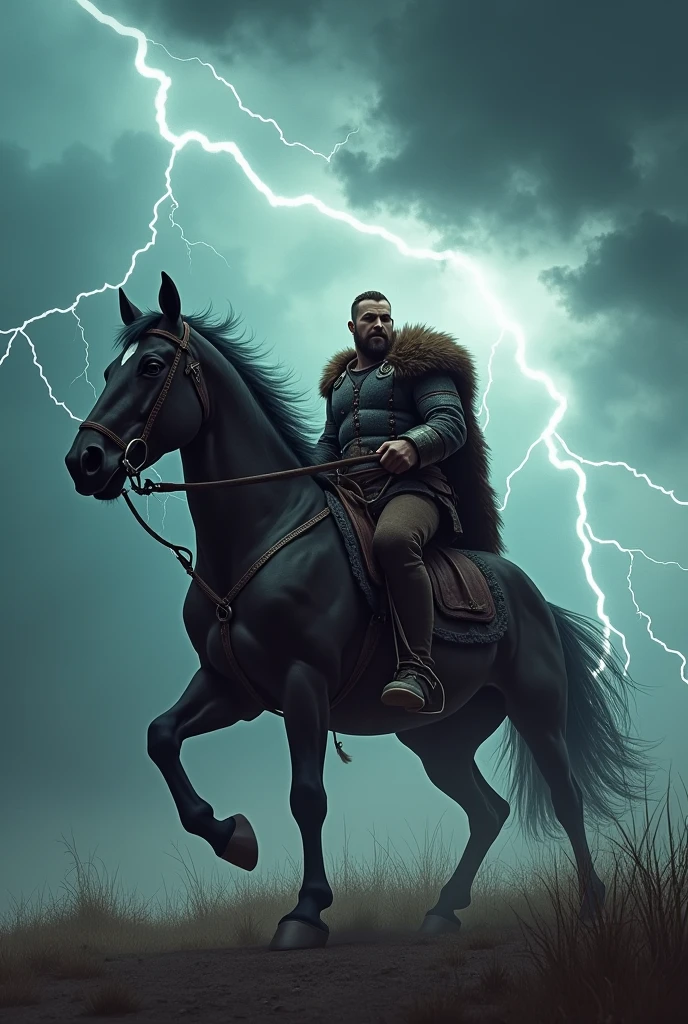 Viking riding a horse with thunder behind him