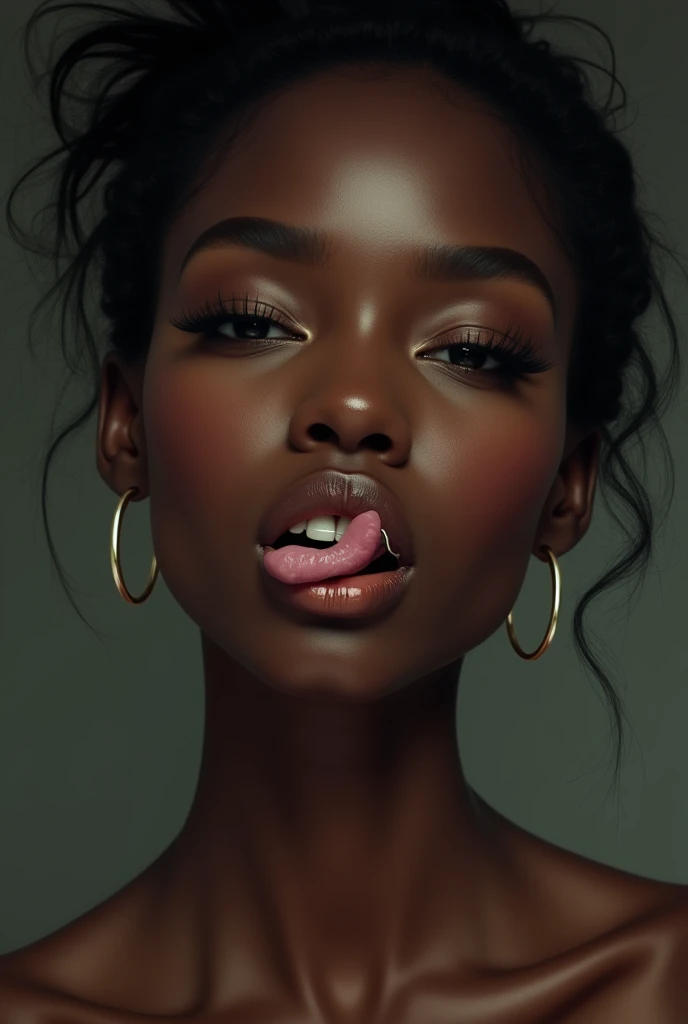 A beautiful dark African women sticking out her pierced tongues and winking an eye in a demure way