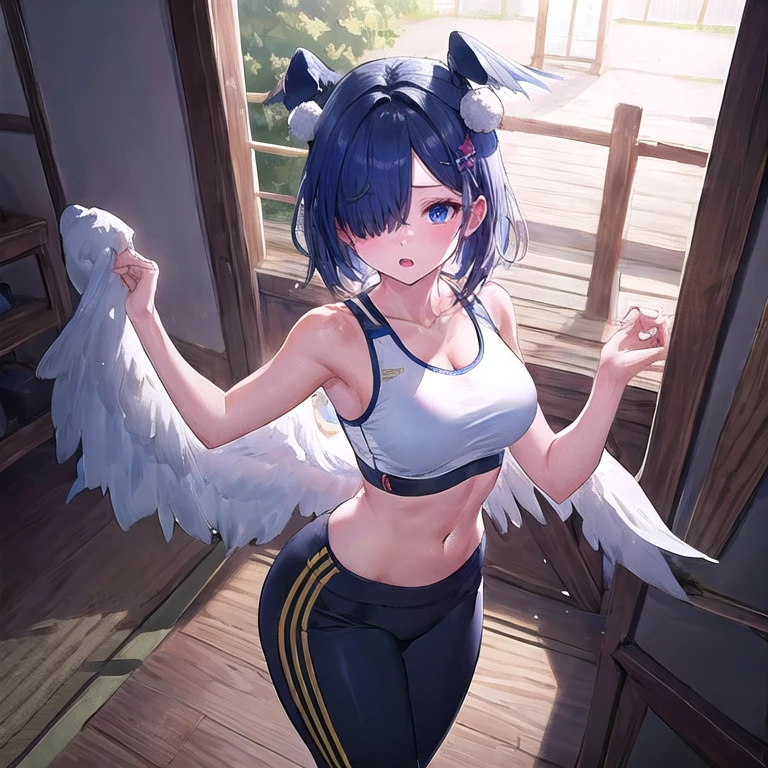 masterpiece, detailed, high quality, absurdres, elira, 1girl, solo, head wings, medium breasts, curvy, wide hips, 
BREAK hair over one eye, one eye covered, 
BREAK from above, pond, arch, japanese architecture, dawn, victory pose, 0.7::sports bra, pom-pom pants0.2::, face mask, :o,
BREAK standing, legs together,