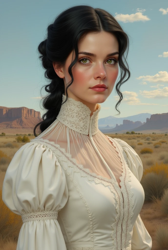 1875, southern lady, black hair, green eyes, feminine dress, wild west, wears her hair tied up, white victorian dress