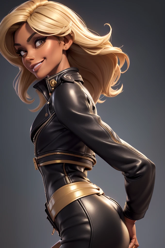 obra prima, melhor qualidade, ((only one woman,)) ((farrah fawcett, dark tan skin, short blonde bob hair, heavy makeup eye shadow, mouth open smile,)) (((wearing thigh length very black metalflake leather jacket,))) (((jacket is zipped up, jacket covers waist and ass,))) ((jacket has stiff high collar,)) ((gold pvc gloves,)) body is very skinny, standing up, (((arched back, shoulders leaning way back, hips twisting, head tilted way back, chin up,))) ((camera back view, extreme closeup view of upper body,)) shallow depth of field, highres, HD, 8k, anatomically correct