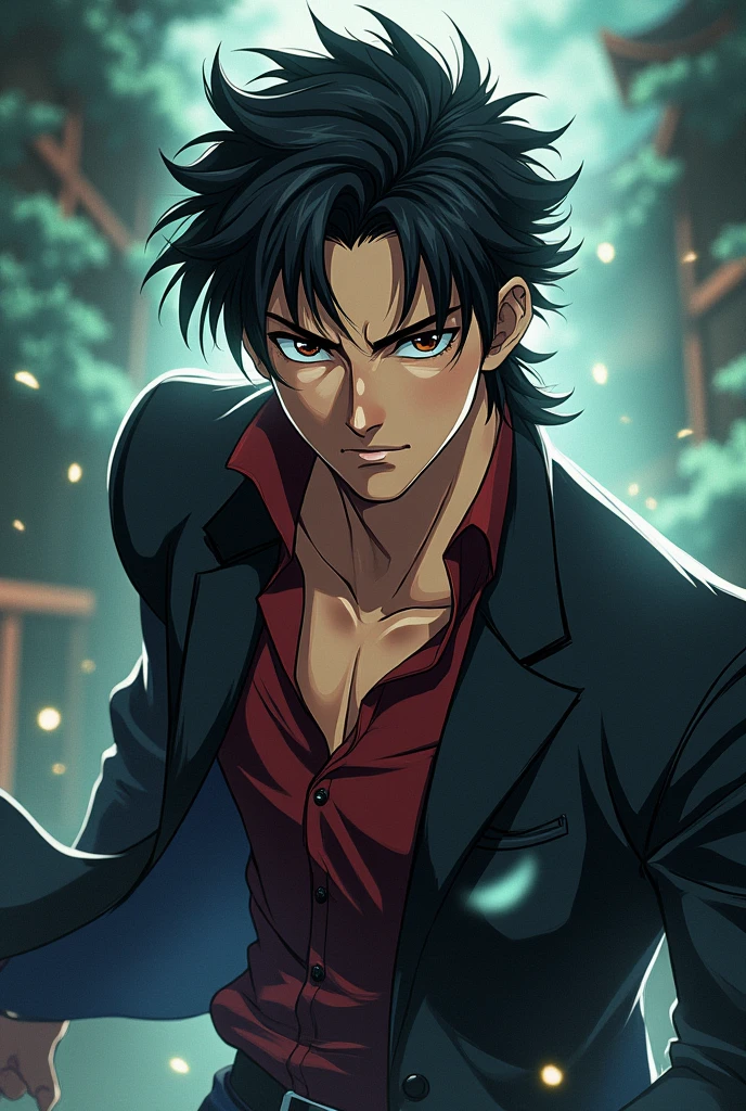Young man character with black slicked back hair, dark brown eyes in demon slayer anime style