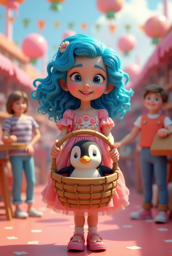 -old girith curly blue hair
A pink dress with pictures of white roses on it
A wooden basket with a penguin inside
In girl party
Style 3D