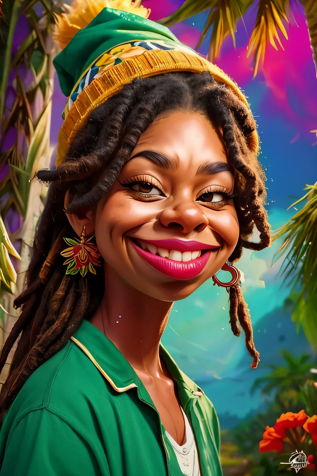 A (((caricature))) of a young Black man Rastafarian man smoking a white cigarette, beard, exaggerated features with a large nose and big Red eyes, happy, long and exaggerated dreadlocks, wearing a colorful beanie, relaxed and laid-back expression, smoke swirling around him in artistic patterns, vibrant and warm colors, tropical background with palm trees, cartoon style, highly detailed, chill and carefree tone, dynamic pose, expressive eyes, (masterpiece: 2), best quality, ultra highres, original, extremely detailed, perfect lighting. (( psychodelic weed background)).
