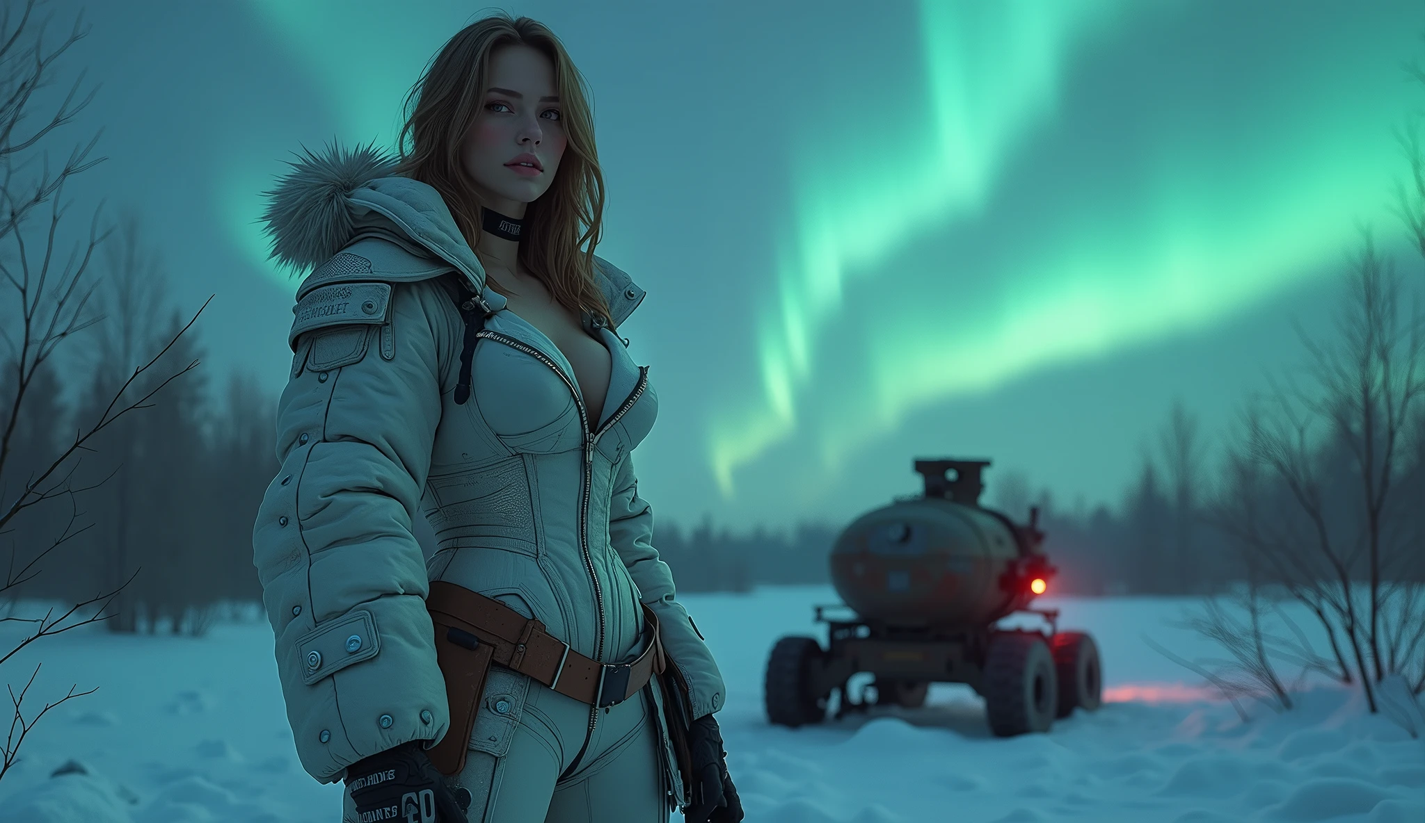 from above, cowboy shot, of one ultra hot gorgeous european woman, age 23, light brunette hair, voluptuous hourglass body. Gorgeous face. Blush. in a light winter ARMOR, holding weapons, as a futuristic cyberpunk warrior in a dystopian world. Epic cleavage. (100 DD size) Juxtapose the beauty with a harsh, survivalist snowy winter night environment with northern lights. Perfect anatomy, Perfect eyes, perfect hands, perfect body, perfect hair, perfect breast, accurate, UHD, retina, masterpiece, anatomically correct, textured skin, super detail, high details, high quality, award winning, best quality, highres, 16k, 8k. On the floor, lying, a 1930 clunky and rusty evil war robot