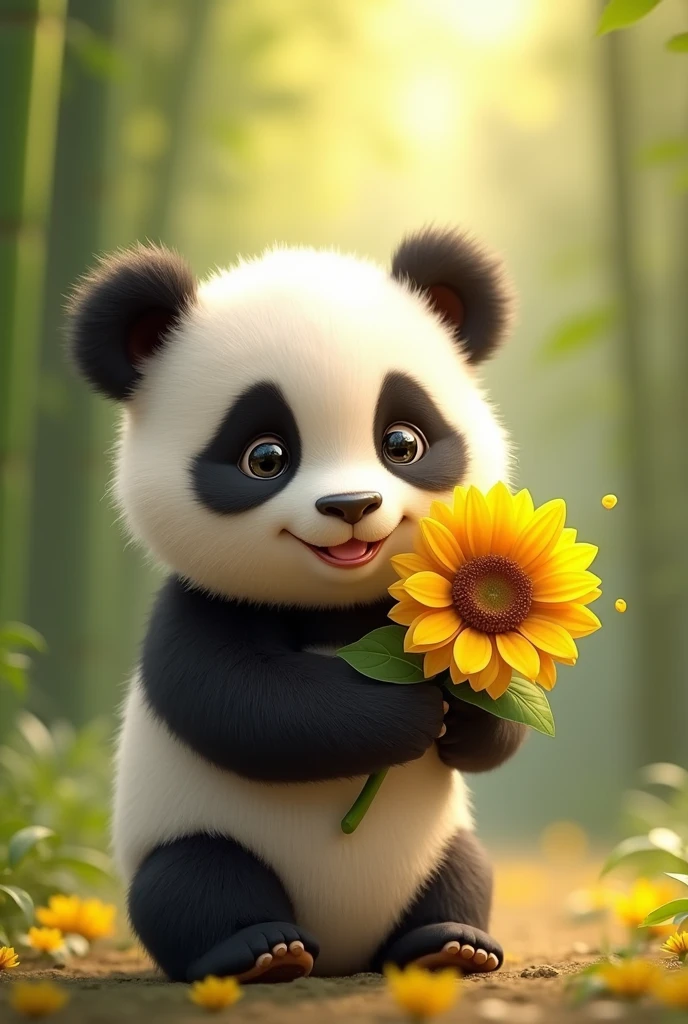 A cute  panda holding a sunflower, saying that "this sunflower is for you"