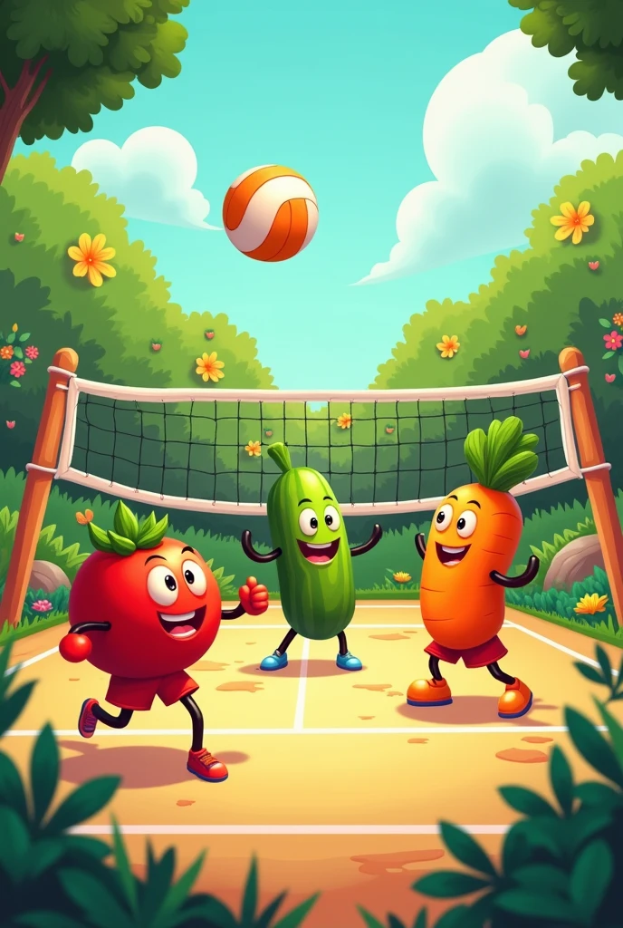 A volleyball court with a net in the middle, surrounded by a cheerful scenery, like a garden or a vegetable garden. A tomato as the attacker, a cucumber as the setter and a carrot as the defender. They may be wearing colorful sportswear and jumping or doing typical volleyball moves.. The tomato is about to deliver a powerful serve, while the carrot is in the receiving position, and the cucumber is ready to lift the ball.