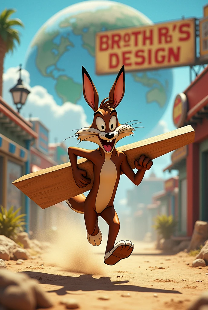 Wile Etherlbert Coyote running and holding a large piece of wood, around the world, uma placa grande escrita Brothers's Design