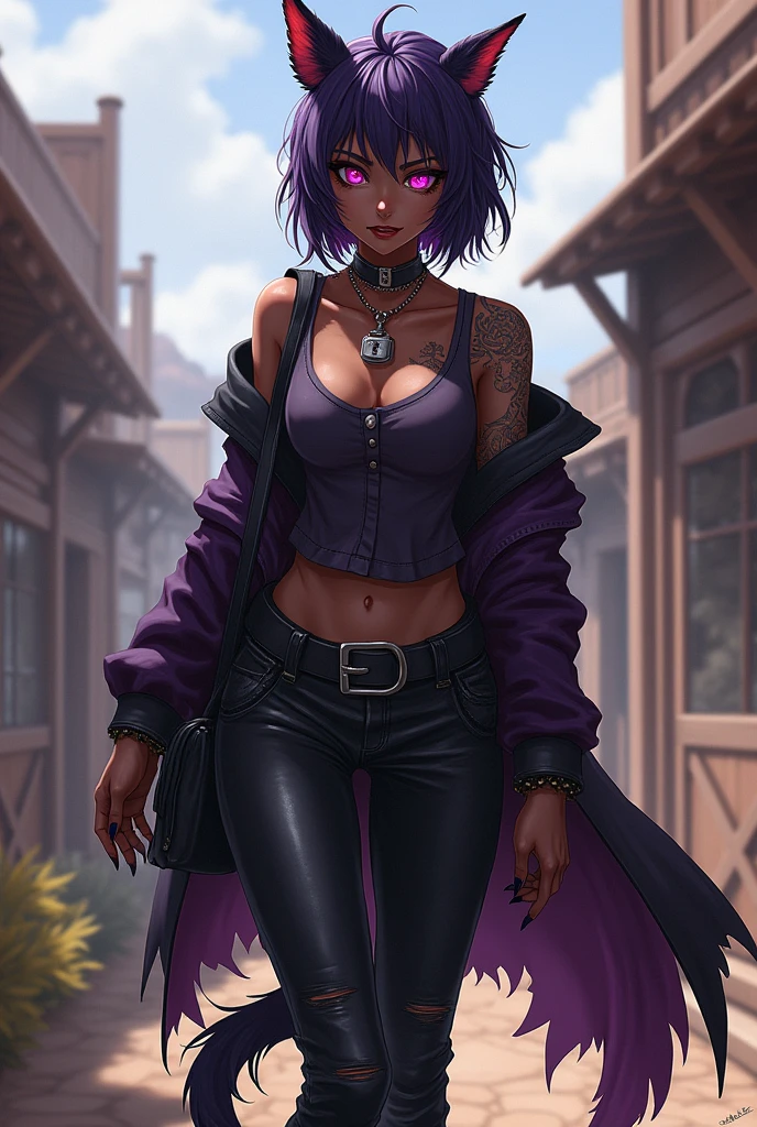 I would like a woman with bronze skin, dark purple short hair, pink eyes, and a padlock necklace. She has animal ears on her head, a tail, pointed teeth, and tattoos on her arms. She wears a small purple and black coat draped over her shoulders, covering her back, with a shirt underneath. She has a side bag, black boots, and pants. I would like her to have a mature style and for the art to be in a fantasy RPG style set in the Old West.