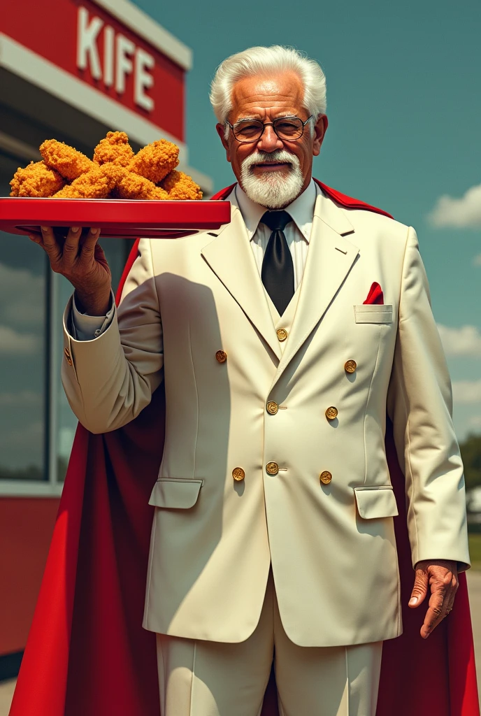 Colonel Harland Sanders, with his super power which is a red square tray with a bucket of chicken