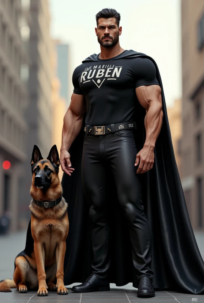 Man with inscription on his black t-shirt, and logo saying "Marcio Rubén", and with a cape, dressed as a superhero, next to a German shepherd dog