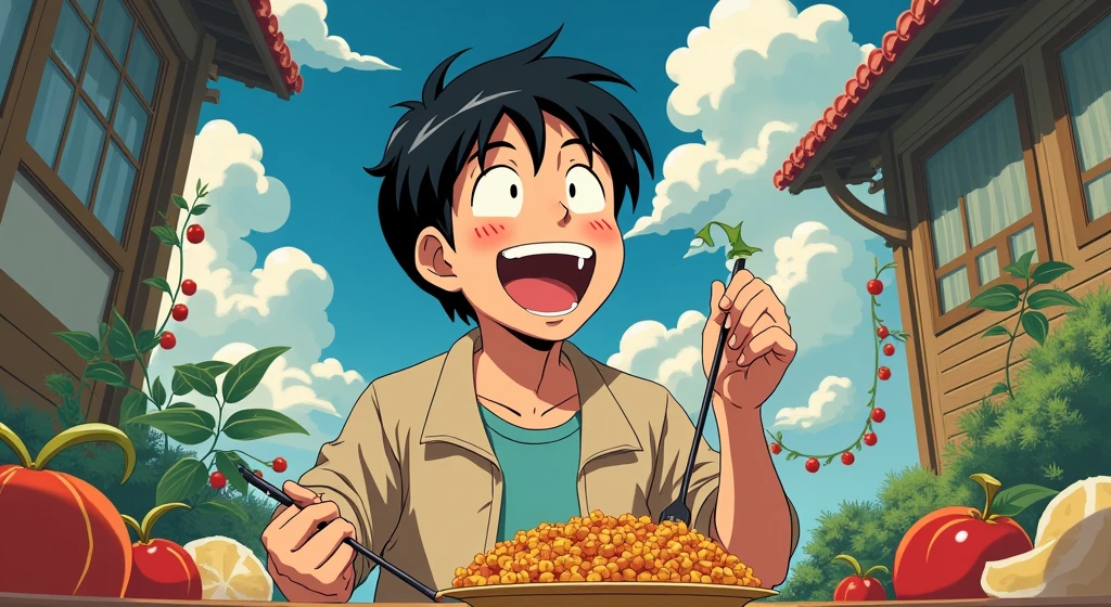 The characters are in the style of Japanese animation of the 80s and 90s. The protagonist (male) of the film is a . He comes from a middle-class family, but is now without food. He looks hungry. He is feasting and laughing.