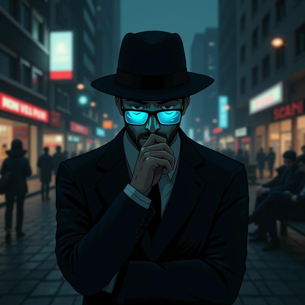 Depressed man in a suit,Wear a hat, People sitting in the city at night々, think, can'I can't see your face,Wear glasses,The glasses have a bluish tint,A little bit cyber