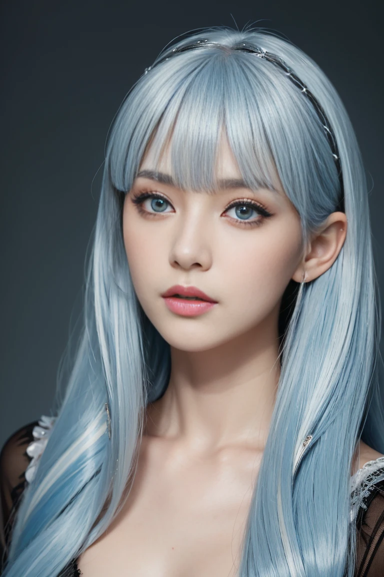 Mature Woman、Light blue hair、(Silver Hair)、((Two-tone hair))、Black ta dress with delicate light blue decoration、Slender women、Cute Woman、 8K Ultra HD,Detailed face、Delicate texture, Long Hair、(((Blunt bangs)))、(((Drill Hair)))、The makeup style of a beautiful young woman is distinguished by well-defined eyebrows, expressive arrows, voluminous eyelashes and smoky eyes technique. A special feature of Russian makeup is the soft shading of shadows, passing from light shades to saturated dark ones, which gives the eyes a special depth and expressiveness. This makeup makes the image memorable and bright, focusing on the eyes