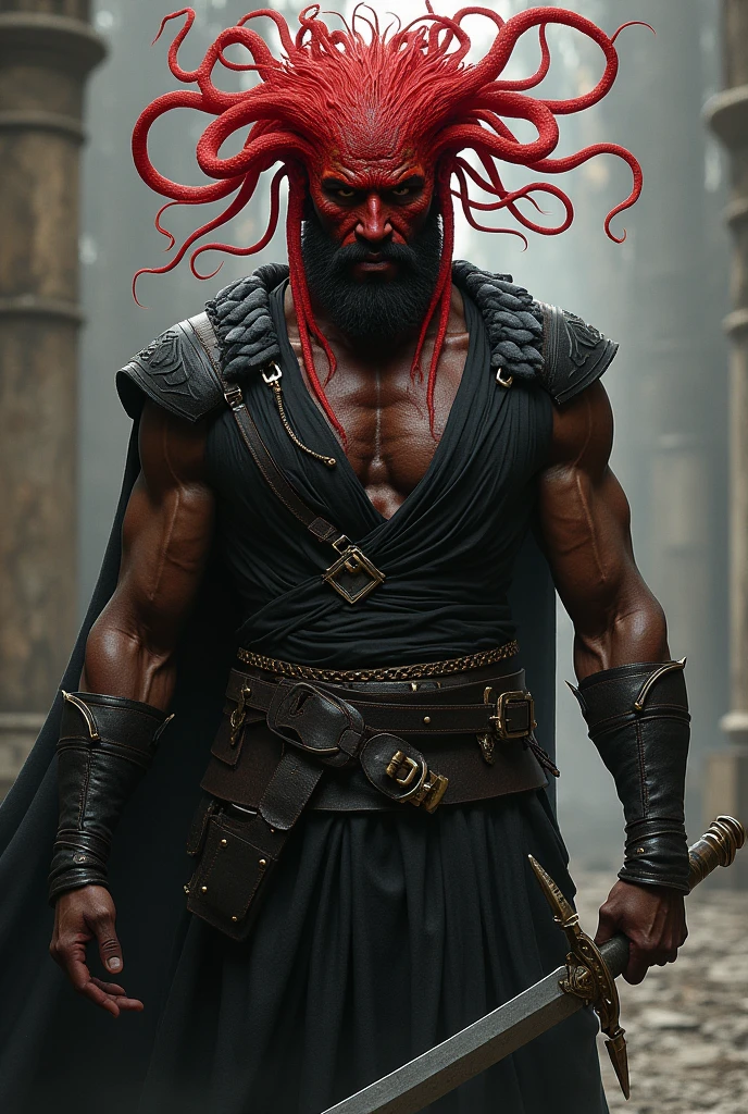 Black brown man with red snake hair (serpe) like a jellyfish, seductive with scars and black leather gladiator style armor, with short sword and war marks.