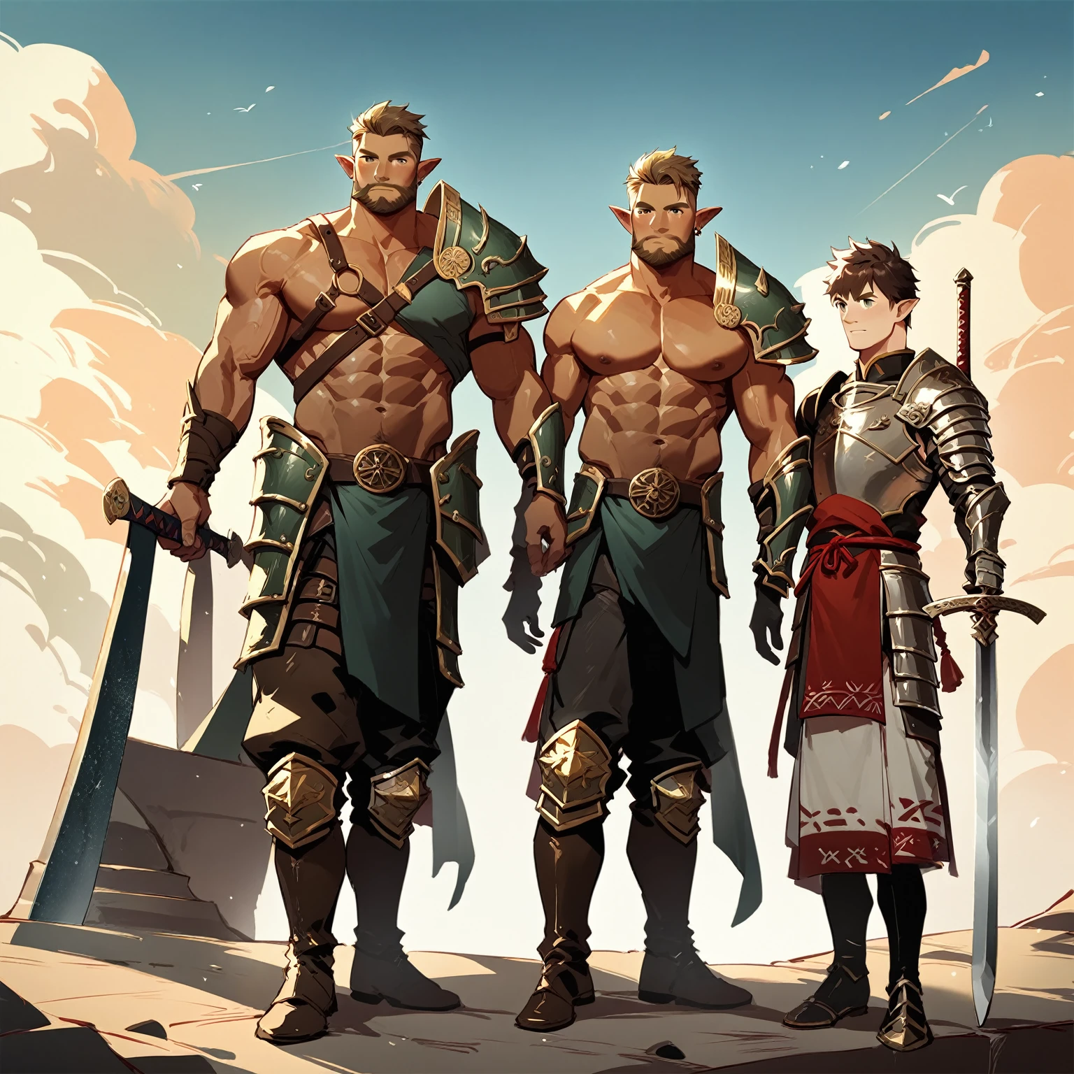 2men, multiple men, handsome muscular dark haired man with green skin and pointed ears , wearing brown leather armor, , holding a Battle-axe, next to, standing handsome muscular brown haired human man wearing a steel armor holding a sword, a ruined and decaying ancient temple in the background