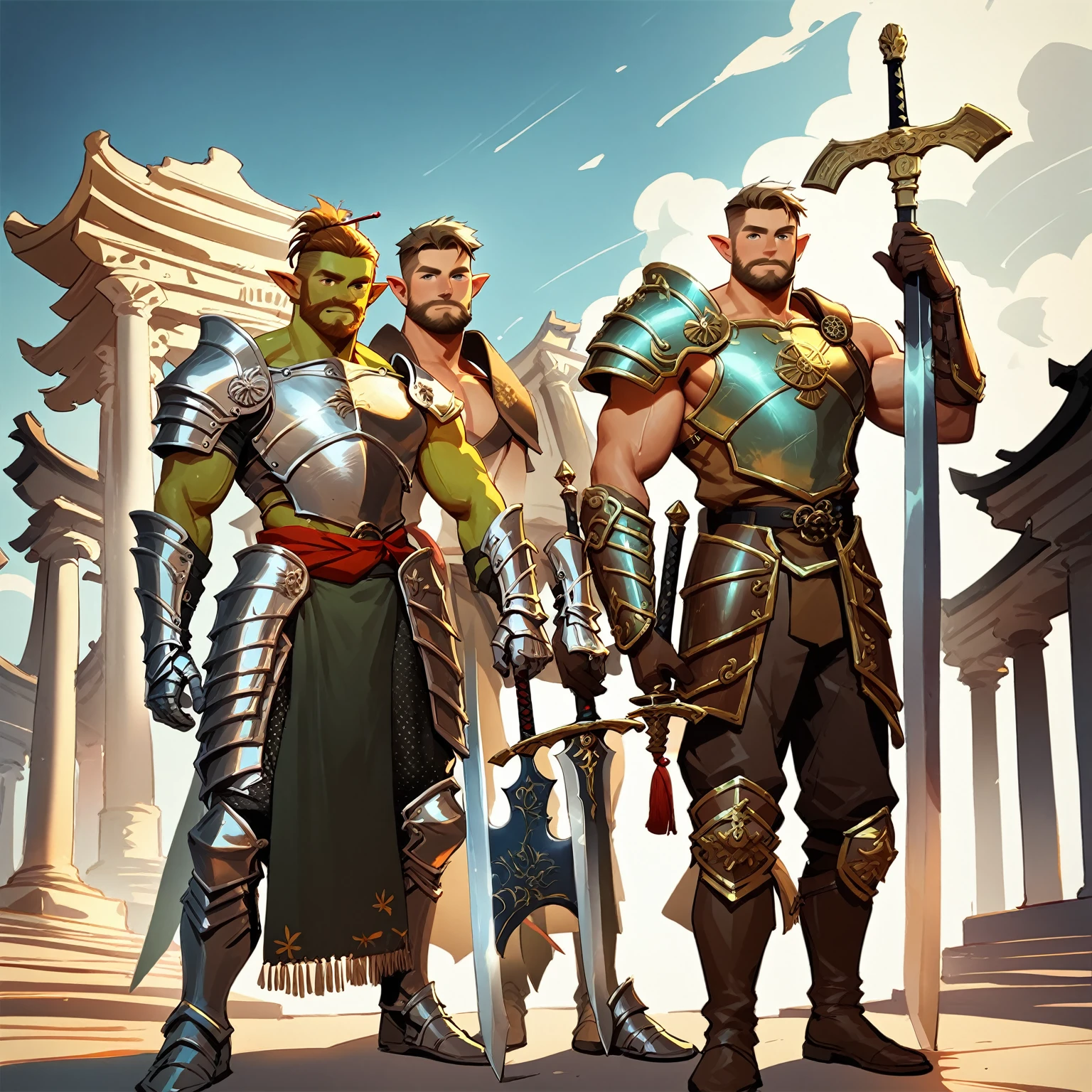 2men, multiple men, handsome muscular  dark haired man with  green  skin and pointed ears  , wearing brown leather armor, , holding a Battle-axe, next to, standing handsome muscular brown haired human man  wearing a steel armor holding a sword, a ruined and decaying ancient temple in the background 