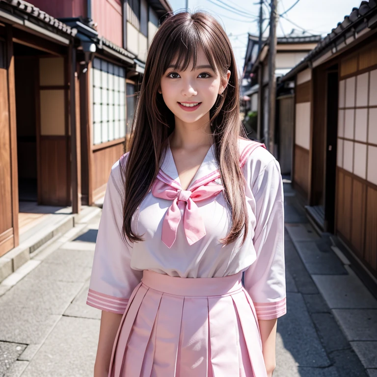 laughing out loud，pink collar, Wear Kitauji High School uniform, White sailor suit, Pink pleated skirt, Sailor suit with pink collar on white background, White clothes, (knee shot), 1 girl, On the face, light brown hair, blunt bangs, hair behind ears, Hair over the shoulders, long hair, Slender body type, Super thin face, face slimming, delicate lips, beautiful eyes, Thin blush, Eyes are light brown,Check it out here, (realistic:1.3), Standing next to a street in Kyoto, Japan, 8k, , Super detailed, high quality, best quality, High resolution, ，Large Breasts，H CUP, 3, A woman