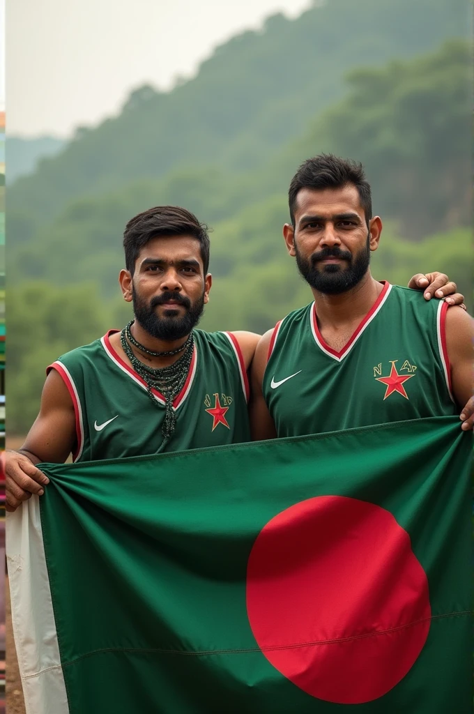 Two friend's(men) one of them Bangladeshi and one of them Pakistani with Bangladeshi and Pakistani flag ready for fight against india