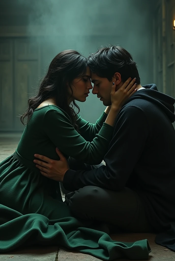 Draw a woman and a man with black hair and white skin kissing intensely wearing the Hogwarts uniform on the floor of a secret chamber, he is from Slytherin and she is from Gryffindor, At that moment they finally admit the desire they feel for each other even though they are enemies., Sua intensa, possessive and latent