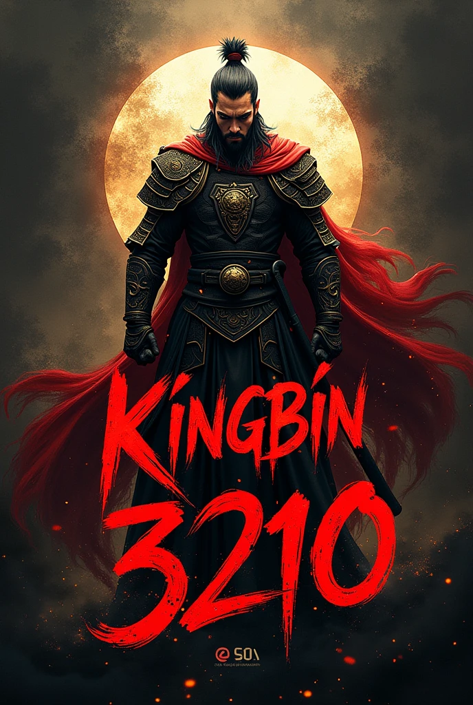 Create a lettering Kingbin3210 with a warrior in black red gold