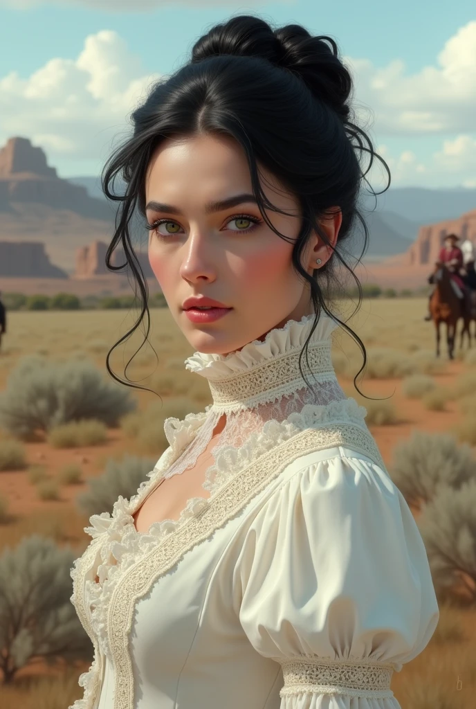 1875, southern lady, black hair, green eyes,  feminine dress, wild west, wears her hair tied up,   white victorian dress