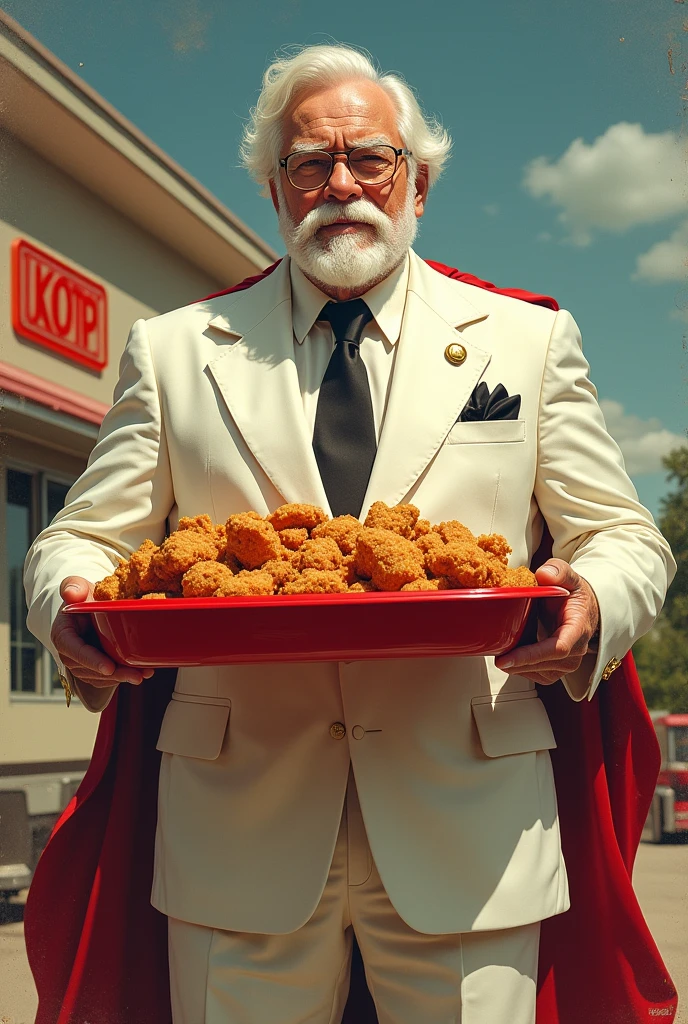 Colonel Harland Sanders, with his super power which is a red square tray with a bucket of chicken