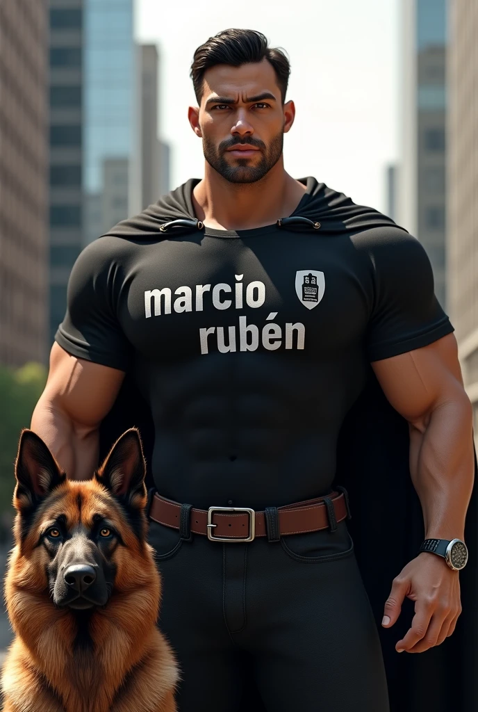 Man with inscription on his black t-shirt, and logo saying "Marcio Rubén", and with a cape, dressed as a superhero, next to a German shepherd dog