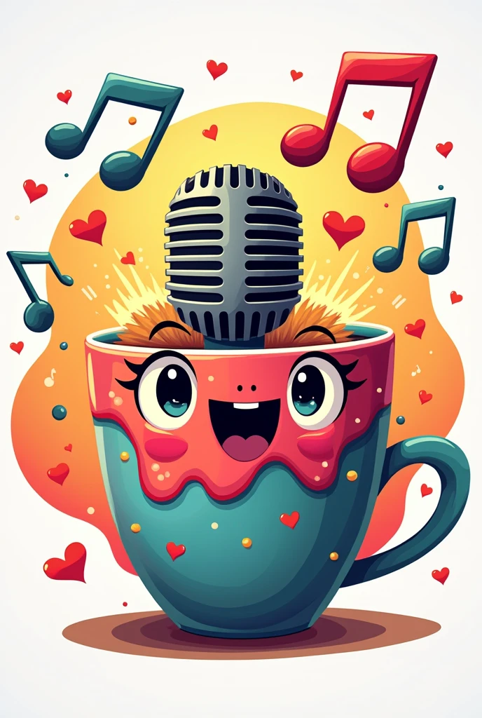 A logo with a microphone and brightly colored musical notes and a cup of coffee with little eyes, hearts and glitter