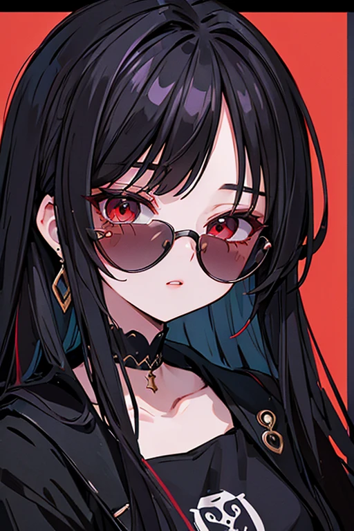 (Portraits:1.4), (masterpiece:1.2, best quality:1.2),a woman with glasses and a red eye is looking at the camera, high quality artstyle, style portrait, style character face focus, extremely detailed face, extremely detailed eyes, good-looking, make up, finger on lips, sunglasses, fashion wear, earrings,