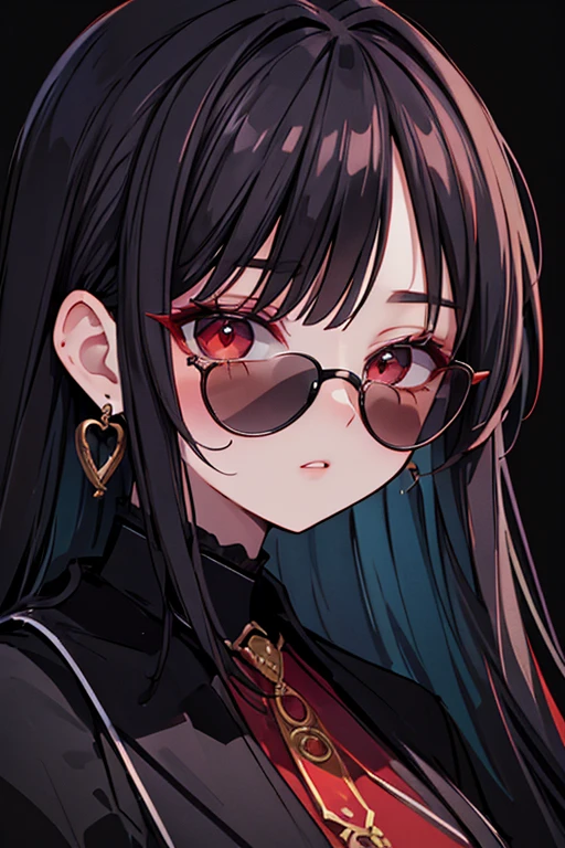 (Portraits:1.4), (masterpiece:1.2, best quality:1.2),a woman with glasses and a red eye is looking at the camera, high quality artstyle, style portrait, style character face focus, extremely detailed face, extremely detailed eyes, good-looking, make up, finger on lips, sunglasses, fashion wear, earrings,