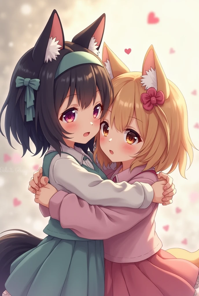 Generate a drawing of two anime girls hugging one with wolf ears and one with cat ears